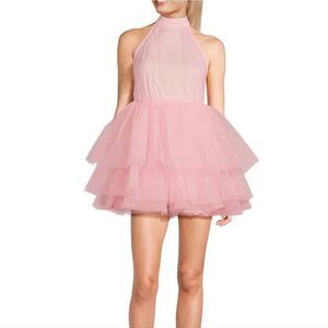 Allison & Kelly Pink Halter Neck Bow Back Tulle Fit & Flare Mini Dress